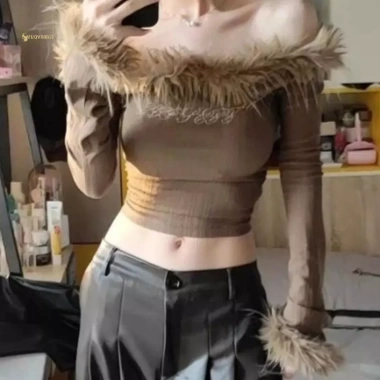 Áo Crop Top Nữ Gợi Cảm Lệch Vai Tay Dài Furry Giá 162.972 VND Giảm Đặc Biệt 2