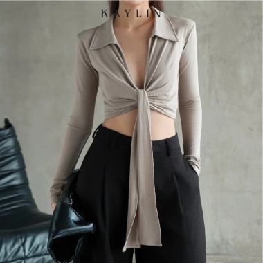 Áo croptop tay dài cổ sơ mi dây phối thun cotton gợi cảm BST 11/2.025 - Giá ưu đãi 338.000đ 3