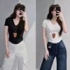 Áo Croptop Thun Gân Nhún Eo Cổ V Lai Bầu Tay Ngắn - Giảm Giá Đến 110k