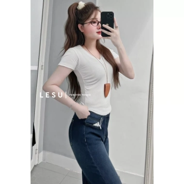 Áo Croptop Thun Gân Nhún Eo Cổ V Lai Bầu Tay Ngắn - Giảm Giá Đến 110k 2
