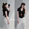 Áo Croptop Thun Gân Nhún Eo Cổ V Lai Bầu Tay Ngắn - Giảm Giá Đến 110k 10