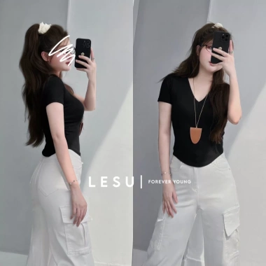 Áo Croptop Thun Gân Nhún Eo Cổ V Lai Bầu Tay Ngắn - Giảm Giá Đến 110k 10