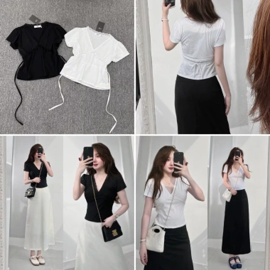 Áo Croptop V-neck viền ren thắt eo tay ngắn - Ảnh tự chụp, giá chỉ 167.000₫