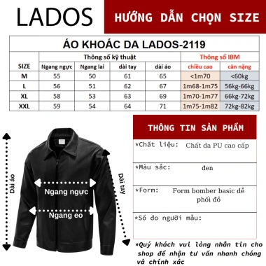 Áo da nam lót lông cừu PU nhập khẩu LADOS-2.119, chống nước, nam tính mạnh mẽ, 417.000₫