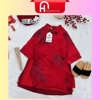 Áo dài 2 lớp thêu hạc đỏ cho bé gái lễ Tết, form dáng đẹp, giảm giá 139k