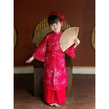 Áo Dài 4 Tà Hoa Gấm Tiên Sa cho Bé 10‑30kg – Hồng Đỏ Tết, tặng bờm, giảm 22% 7