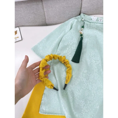 Áo dài áo đai Tân gấm xanh mint cho bé gái 10-30kg, cổ Tết, kèm bờm - Đồ lễ Tết thời trang trẻ em, đẹp mắt, giá ưu đãi 169.000₫ 7