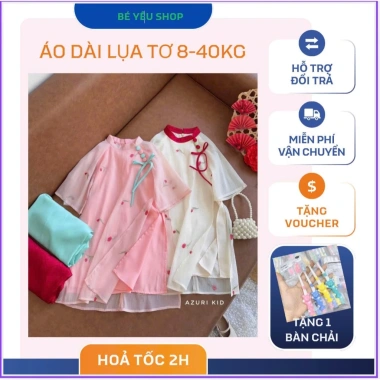 Áo Dài Bé Gái 4 Tà Thêu Hoa Nhí, Tặng Bàn Chải, Chất Tơ 10-30kg Mặc Tết 179k