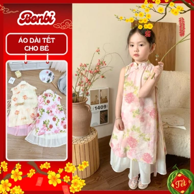 Áo dài bé gái B239 váy dài cổ tàu tùng xoè rộng họa tiết dễ thương - Giá ưu đãi 229.000đ cho Tết