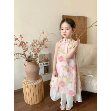 Áo dài bé gái B239 váy dài cổ tàu tùng xoè rộng họa tiết dễ thương - Giá ưu đãi 229.000đ cho Tết