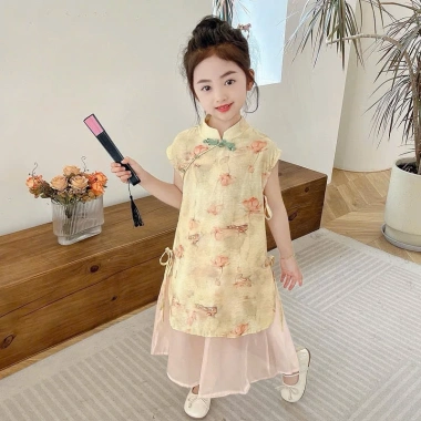 Áo dài bé gái B239 váy dài cổ tàu tùng xoè rộng họa tiết dễ thương - Giá ưu đãi 229.000đ cho Tết