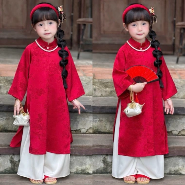 Áo Dài Bé Gái CELINA AD4 Cách Tân Đỏ Cao Cấp và Bờm Nhún Lụa Gấm Hoa, Giá Ưu Đãi 239k 3