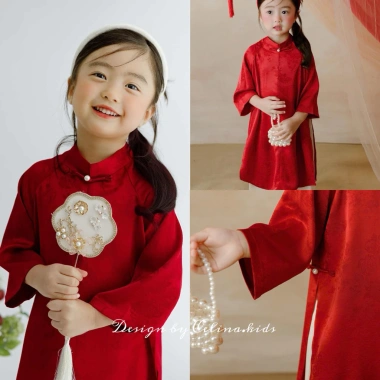 Áo Dài Bé Gái CELINA AD4 Cách Tân Đỏ Cao Cấp và Bờm Nhún Lụa Gấm Hoa, Giá Ưu Đãi 239k 6