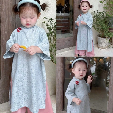 Áo Dài Bé Gái CELINA AD4 Cách Tân Đỏ Cao Cấp và Bờm Nhún Lụa Gấm Hoa, Giá Ưu Đãi 239k 7