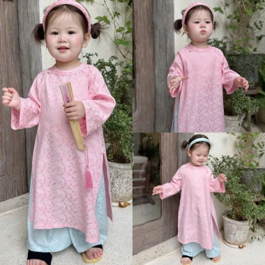Áo Dài Bé Gái CELINA AD4 Cách Tân Đỏ Cao Cấp và Bờm Nhún Lụa Gấm Hoa, Giá Ưu Đãi 239k 8
