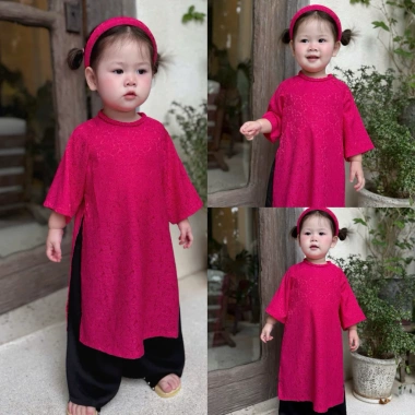 Áo Dài Bé Gái CELINA AD4 Cách Tân Đỏ Cao Cấp và Bờm Nhún Lụa Gấm Hoa, Giá Ưu Đãi 239k 9