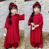 Áo Dài Bé Gái CELINA AD4 Cách Tân Đỏ Cao Cấp và Bờm Nhún Lụa Gấm Hoa, Giá Ưu Đãi 239k 10