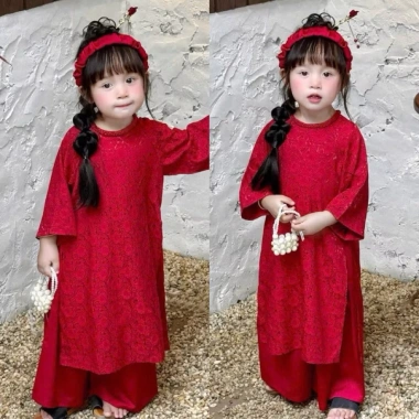 Áo Dài Bé Gái CELINA AD4 Cách Tân Đỏ Cao Cấp và Bờm Nhún Lụa Gấm Hoa, Giá Ưu Đãi 239k 10