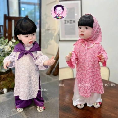 Áo dài bé gái ChiBu lụa gấm hoa mềm mịn 8-40kg kèm khăn tam giác bờm