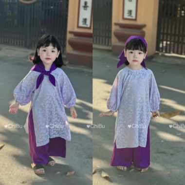 Áo dài bé gái ChiBu lụa gấm hoa mềm mịn 8-40kg kèm khăn tam giác bờm