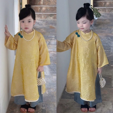 Áo Dài Bé Gái CHICKBONG Tơ Óng 4 Tà, Dây Chuyền Ngọc Trai, 8-35kg, giảm giá Tết 325k
