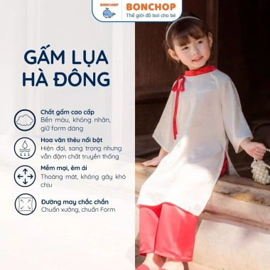 Áo Dài Bé Gái Cổ Tròn Cách Điệu Gấm Hà Đông Nơ Đỏ Size 11‑48kg – 207.500 VNĐ BONCHOP