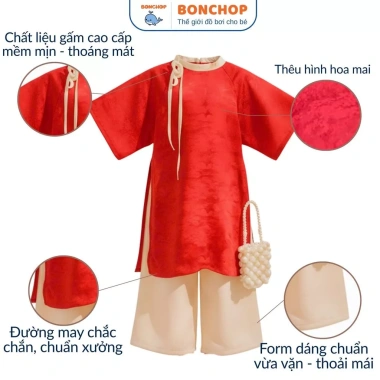 Áo Dài Bé Gái Cổ Tròn Cách Điệu Gấm Hà Đông Nơ Đỏ Size 11‑48kg – 207.500 VNĐ BONCHOP 4 Áo Dài Bé Gái Cổ Tròn Cách Điệu Gấm Hà Đông Nơ Đỏ Size 11‑48kg – 207.500 VNĐ BONCHOP 4