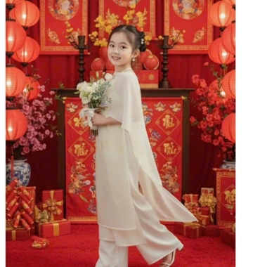 Áo dài bé gái cổ yếm 2 lớp + khăn choàng hoa rời, 8-30kg, xinh Tết, giá 169k
