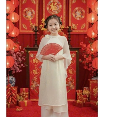 Áo dài bé gái cổ yếm 2 lớp + khăn choàng hoa rời, 8-30kg, xinh Tết, giá 169k