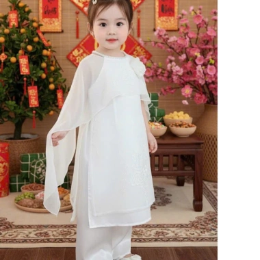 Áo dài bé gái cổ yếm 2 lớp + khăn choàng hoa rời, 8-30kg, xinh Tết, giá 169k