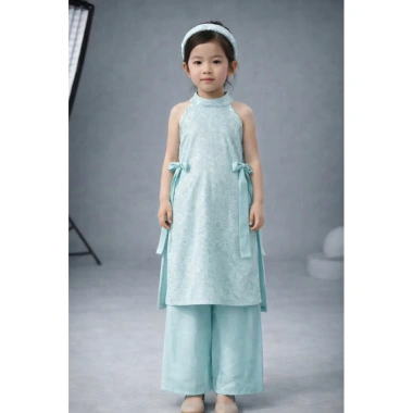 Áo Dài Bé Gái Lụa Tua Rua Cột Nơ Bốn Tà Không Cài - Đẹp Dành Cho Tết 159k 2