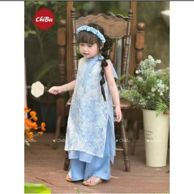 Áo Dài Bé Gái Lụa Tua Rua Cột Nơ Bốn Tà Không Cài - Đẹp Dành Cho Tết 159k 4