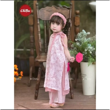 Áo Dài Bé Gái Lụa Tua Rua Cột Nơ Bốn Tà Không Cài - Đẹp Dành Cho Tết 159k 5