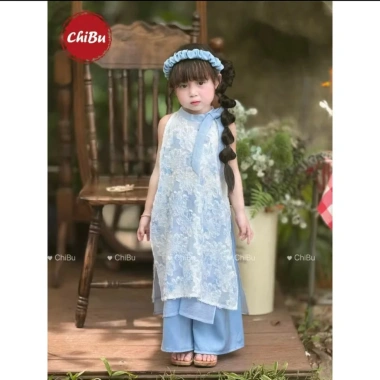 Áo Dài Bé Gái Lụa Tua Rua Cột Nơ Bốn Tà Không Cài - Đẹp Dành Cho Tết 159k 6
