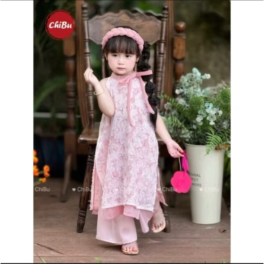 Áo Dài Bé Gái Lụa Tua Rua Cột Nơ Bốn Tà Không Cài - Đẹp Dành Cho Tết 159k 7