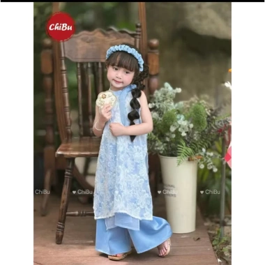 Áo Dài Bé Gái Lụa Tua Rua Cột Nơ Bốn Tà Không Cài - Đẹp Dành Cho Tết 159k 8