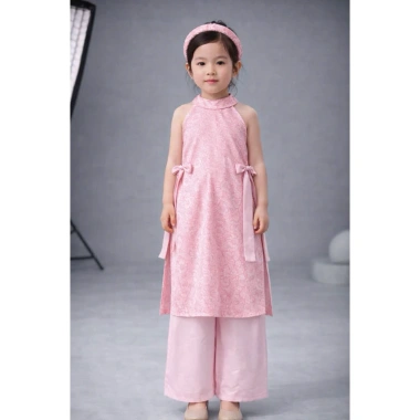 Áo Dài Bé Gái Lụa Tua Rua Cột Nơ Bốn Tà Không Cài - Đẹp Dành Cho Tết 159k 10