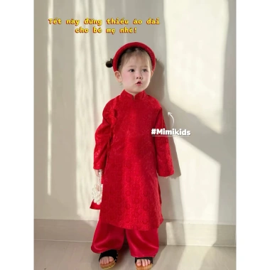 Áo dài bé gái Mimi Kids set áo dài + quần lụa đính hoa cúc truyền thống, phù hợp từ 7-27kg, giá ưu đãi 209.000₫