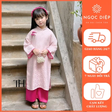 Áo Dài Bé Gái Ngọc Diệp ND25.650 Vải Gấm Đính Cúc Hồng - Trung Thu va Tết 239k