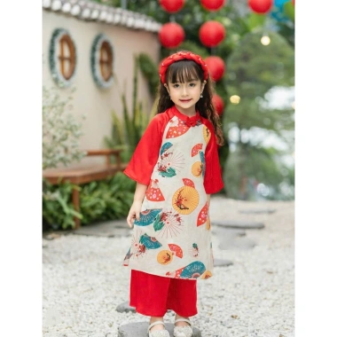 Áo dài bé gái quạt cổ điển lụa mềm mịn, form rộng dễ thương - Đồ Tết 247k 2