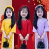 Áo dài bé gái tay lỡ đính nơ, quần lụa mềm mát 9-38kg, tặng chuối + phụ kiện tóc