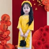 Áo dài bé gái tay lỡ đính nơ, quần lụa mềm mát 9-38kg, tặng chuối + phụ kiện tóc 2