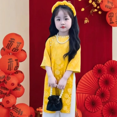 Áo dài bé gái tay lỡ đính nơ, quần lụa mềm mát 9-38kg, tặng chuối + phụ kiện tóc 2