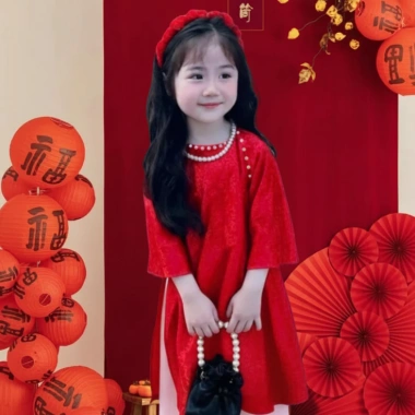 Áo dài bé gái tay lỡ đính nơ, quần lụa mềm mát 9-38kg, tặng chuối + phụ kiện tóc 4