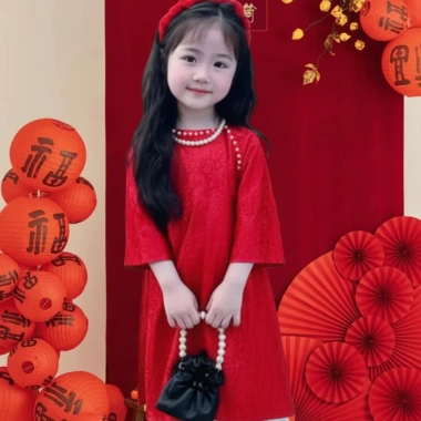 Áo dài bé gái tay lỡ đính nơ, quần lụa mềm mát 9-38kg, tặng chuối + phụ kiện tóc 5