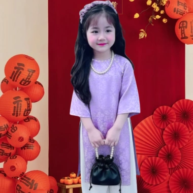 Áo dài bé gái tay lỡ đính nơ, quần lụa mềm mát 9-38kg, tặng chuối + phụ kiện tóc 6