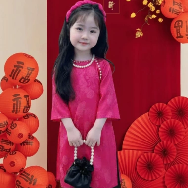 Áo dài bé gái tay lỡ đính nơ, quần lụa mềm mát 9-38kg, tặng chuối + phụ kiện tóc 8