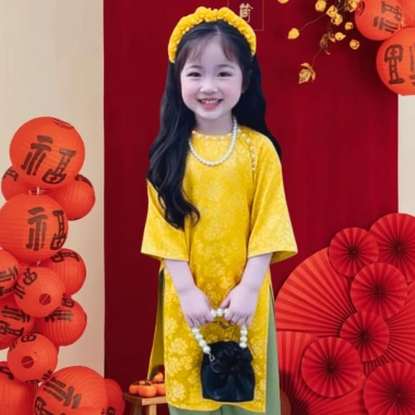 Áo dài bé gái tay lỡ đính nơ, quần lụa mềm mát 9-38kg, tặng chuối + phụ kiện tóc 9