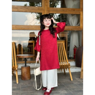Áo dài bé gái Tết, gấm tơ tằm mix quần lụa mềm mịn 12-40kg giá 315.000 VND 3