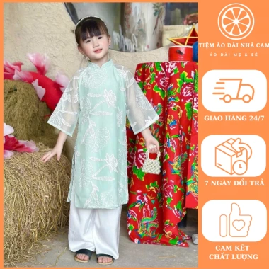 Áo Dài Bé Gái Xanh Vải Tơ Thêu - Thiết Kế Trung Thu và Tết, Nhà Cam C25.653, Giảm Giá 252.000₫